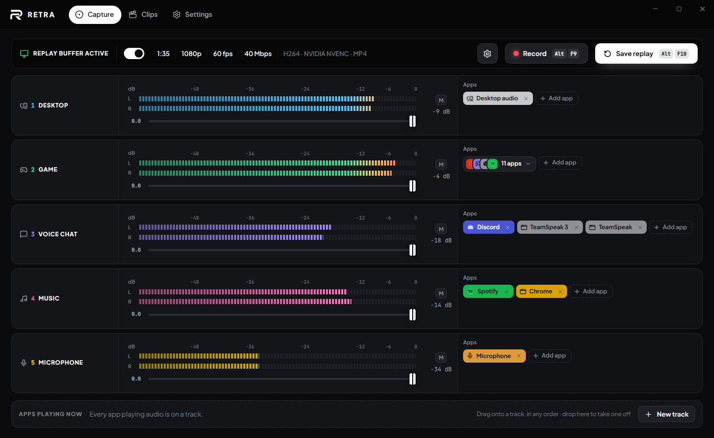 Pannello Retra aperto con il mixer audio in vista a righe
