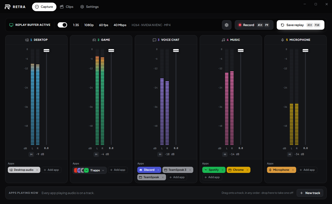 Pannello di Retra con il mixer audio a colonne